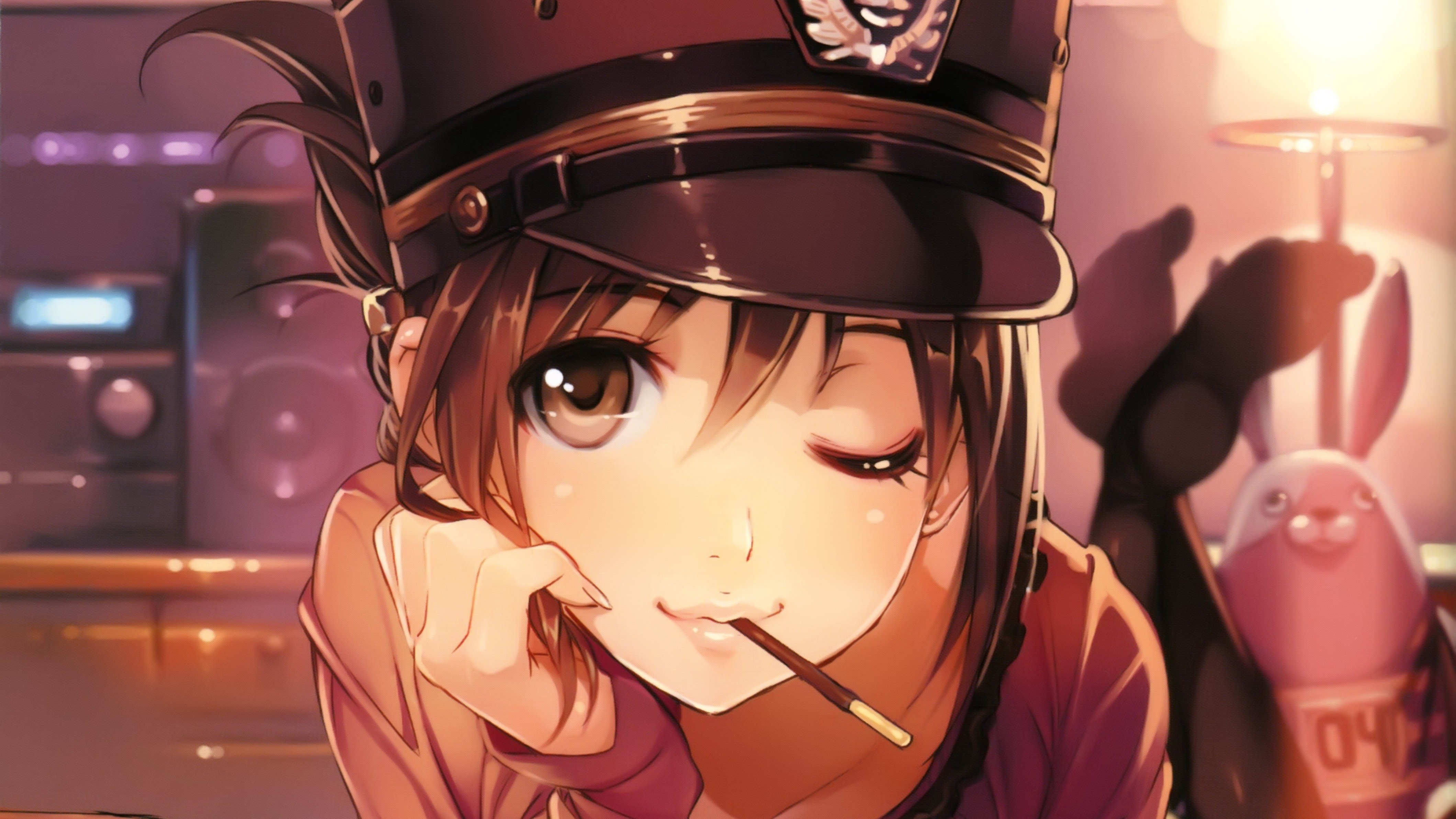 Anime Girls Anime Brown Eyes Hat Pocky 4238x2383
