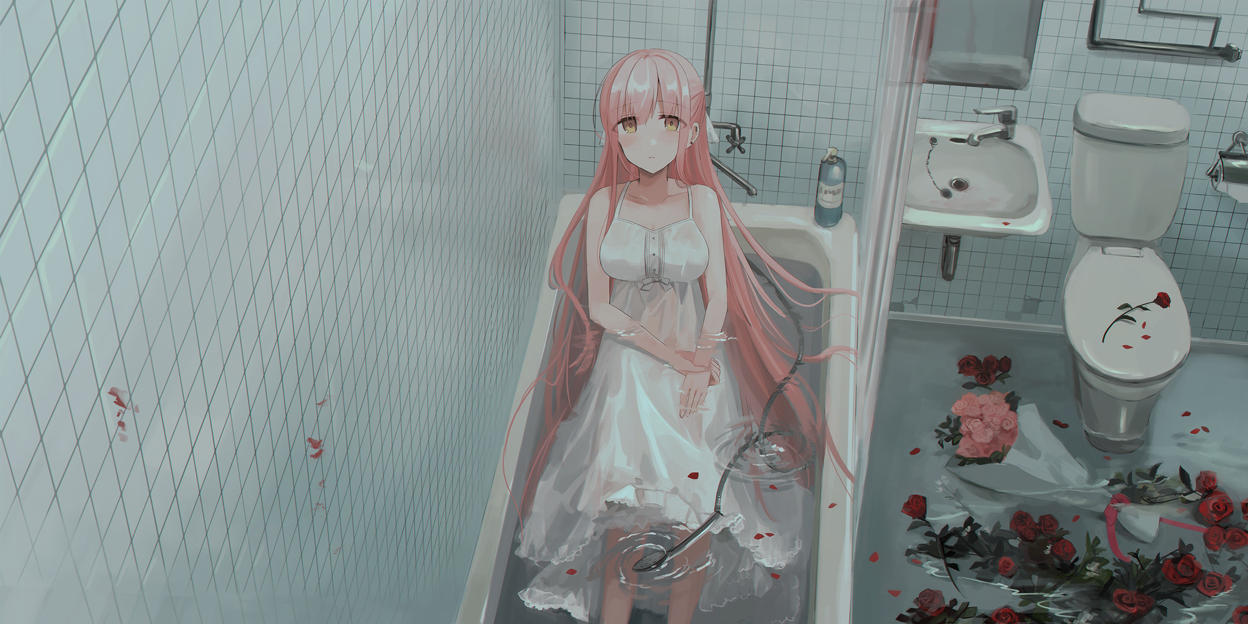 Anime Girls Anime Original Characters Pink Hair Long Hair In Water Bathtub Dress White Dress Bathroo 2500x1250