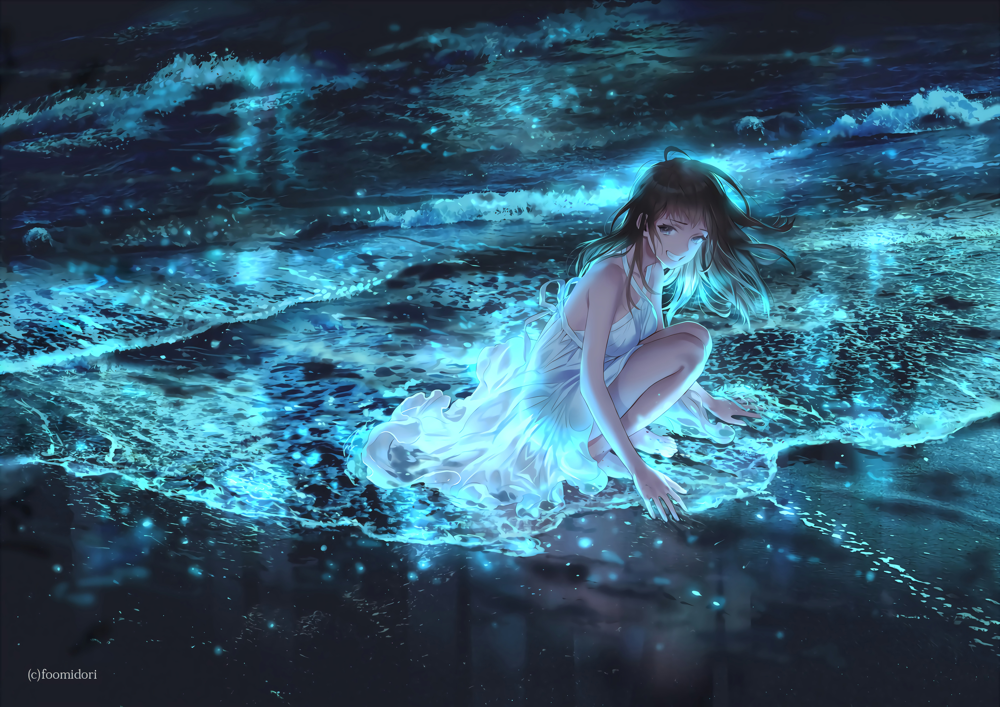 Beach Night View Anime Cyan 4096x2897