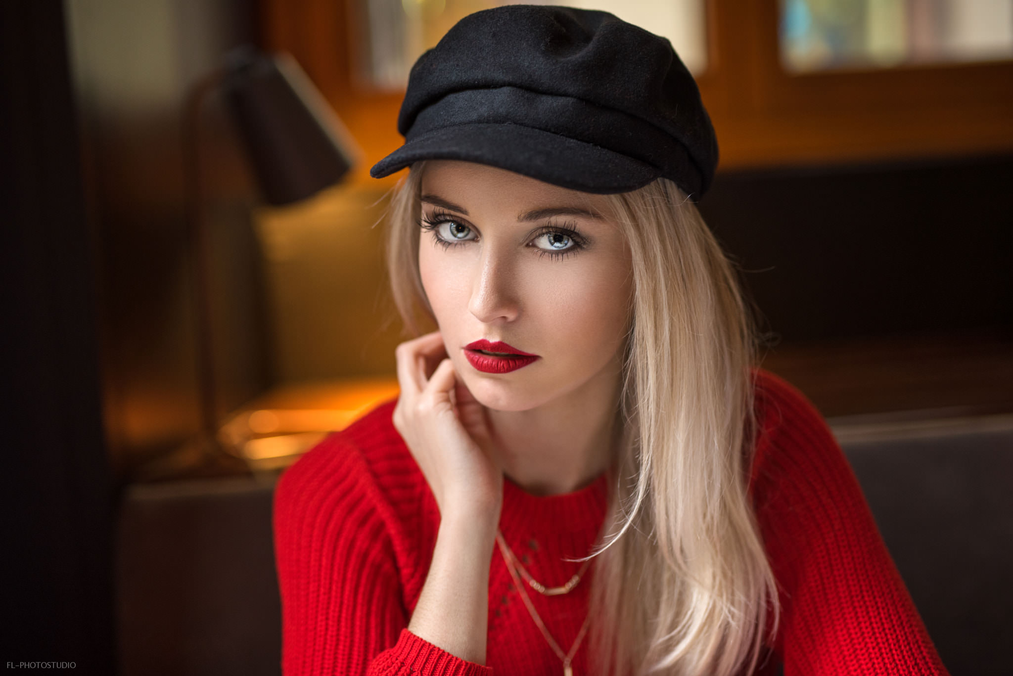 Women Blonde Portrait Lods Franck Red Lipstick Red Sweater Cassandre Lamarche 2048x1367