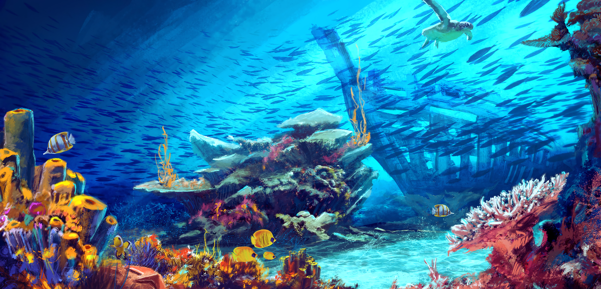 Coral Turtle Fish Sea Underwater Artwork Digital Art Illustration Luciano Neves 1920x925