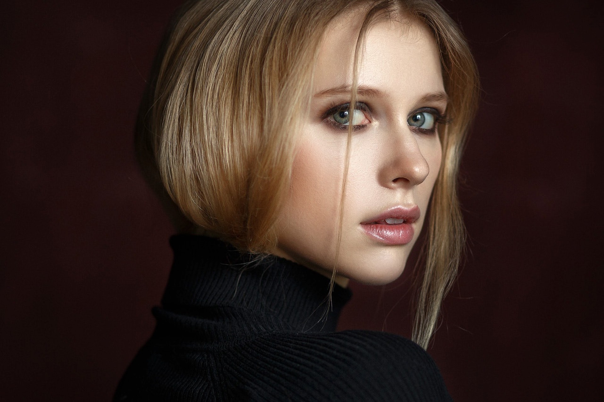 Women Blonde Face Portrait Elizaveta Podosetnikova Turtlenecks Sweater Black Sweater Open Mouth Look 1920x1280