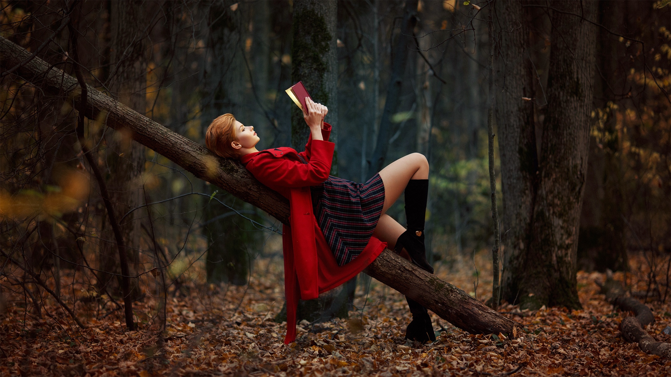 Anastasia Zhilina Women Model Redhead Profile Outdoors Forest Trees Log Coats Red Coat Dress Boots R 2133x1200