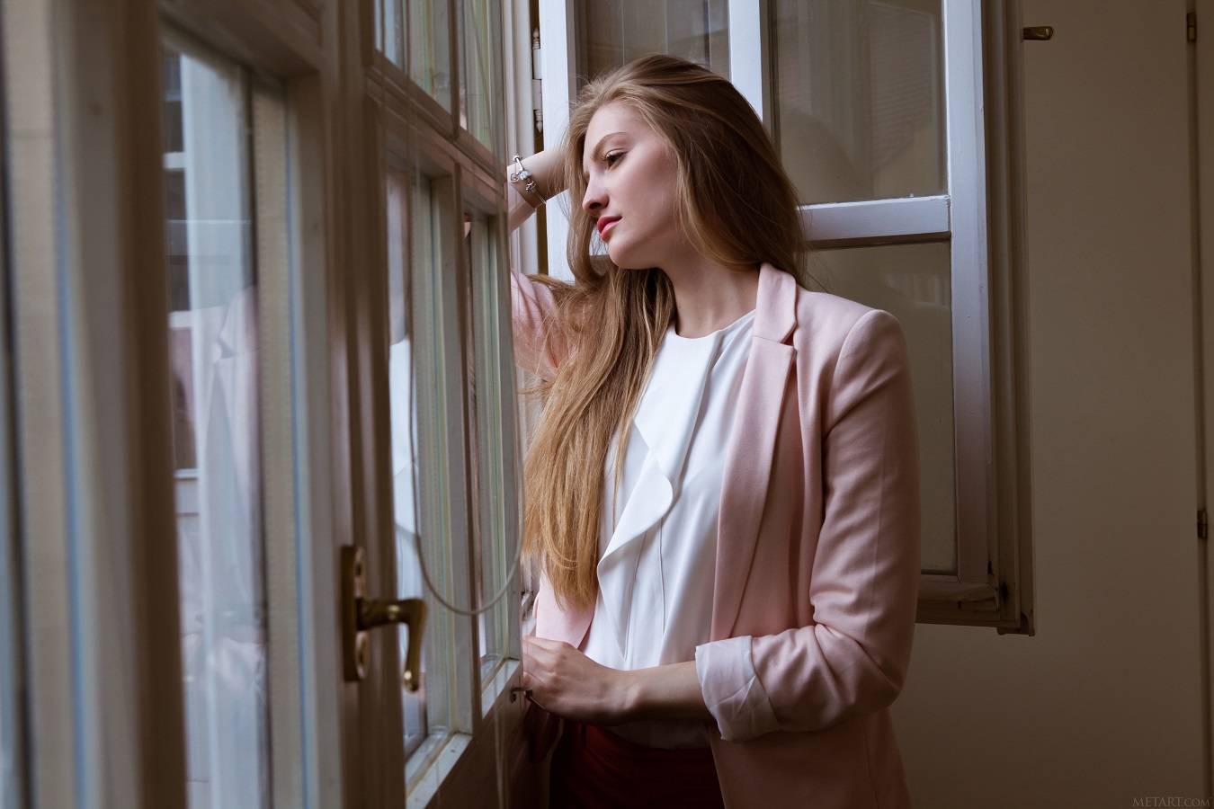 Long Hair Brunette Model Looking Out Window Jacket Pink Jacket White Shirt Red Lipstick Looking Away 1350x900