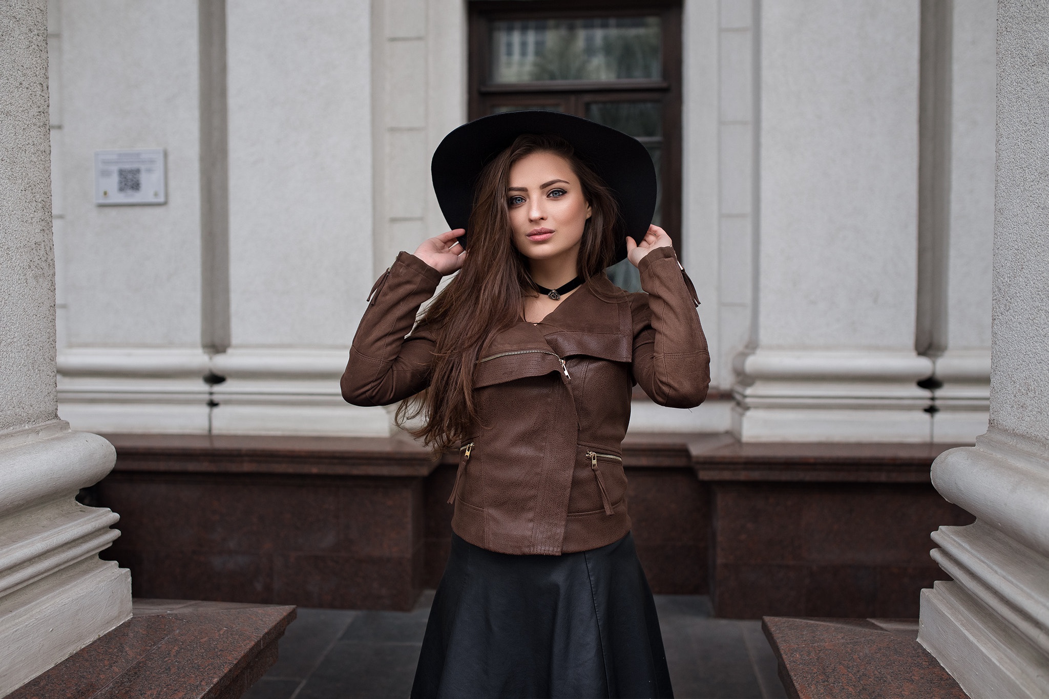 Women Hat Model Brunette Leather Jackets Brown Jacket Women With Hats Black Hat Black Skirts Veronik 2048x1365