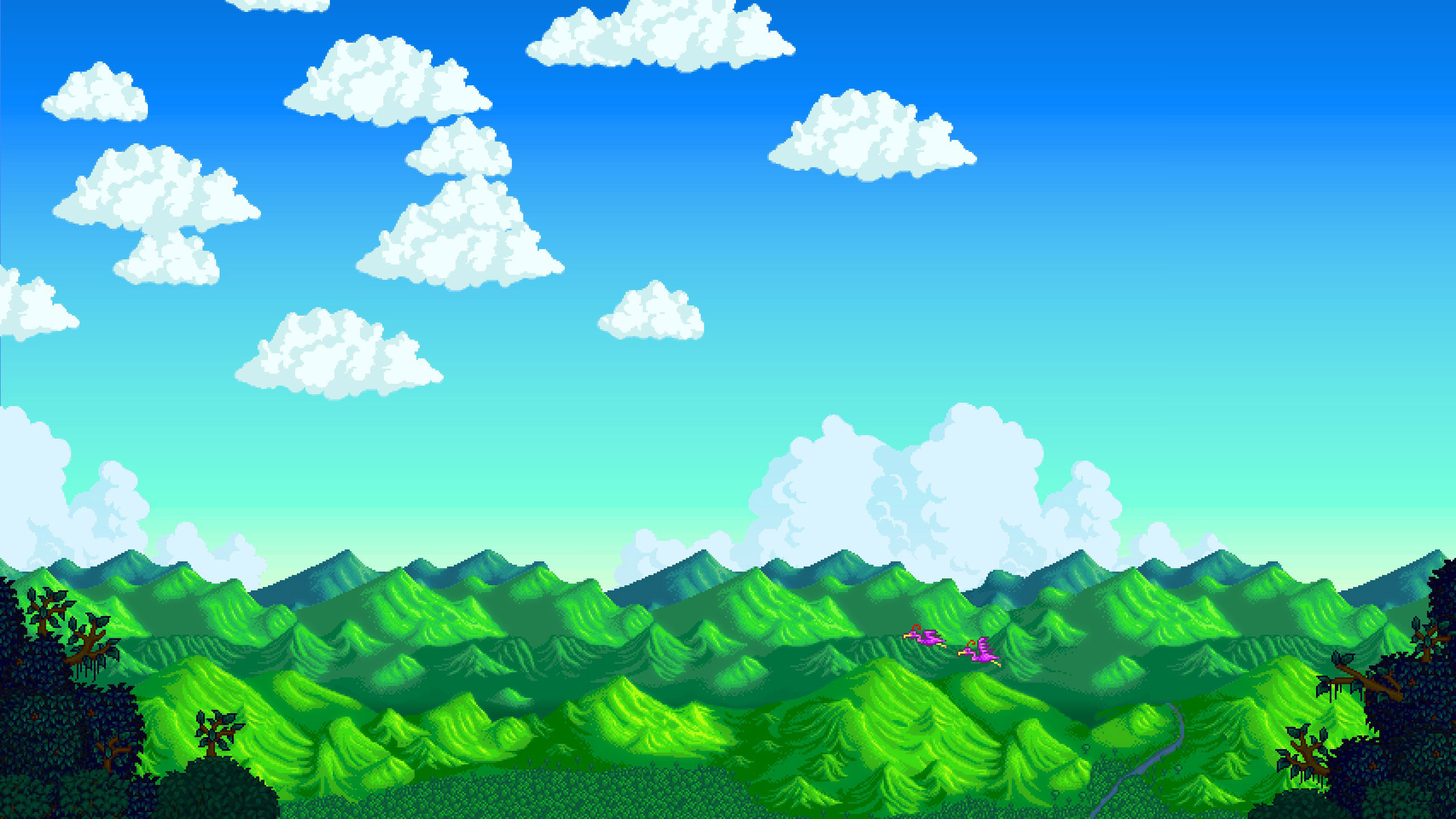 Pixel Art Pixelated Pixels Digital Art Stardew Valley Clouds Mountains Forest Flamingos Landscape 2560x1440
