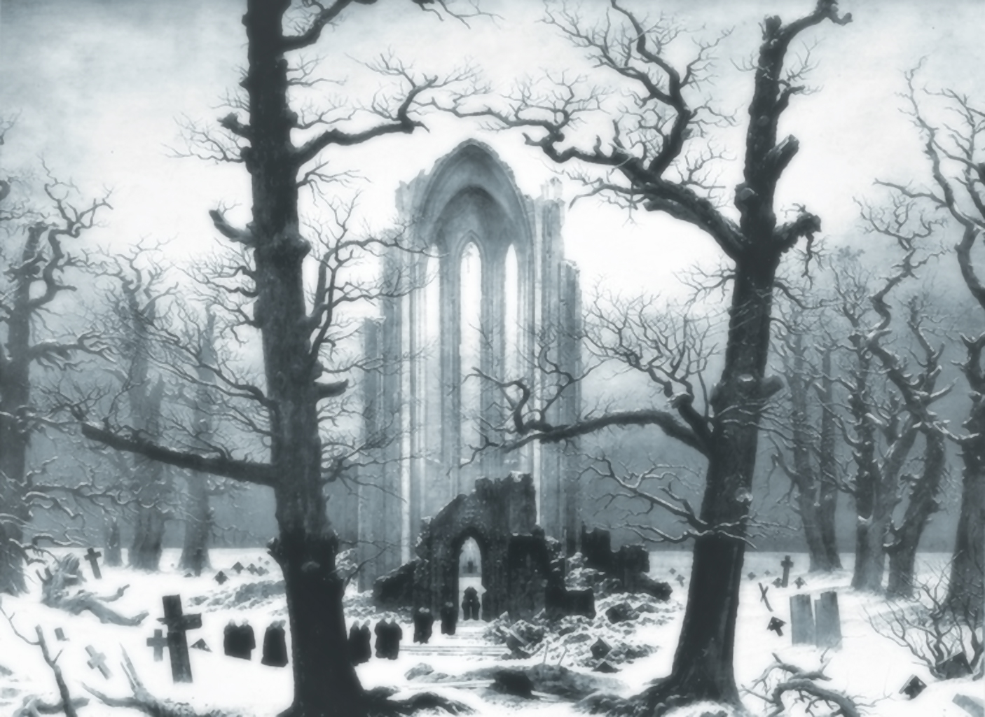 Fantasy Ruin Landscape Winter Snow Graveyard Cathedral Tree 1406x1024