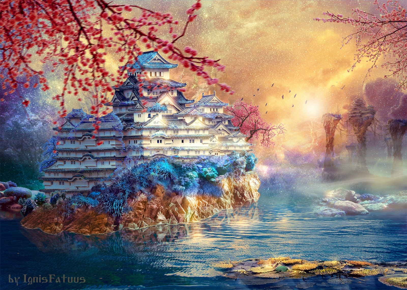 Castle Pond Water Trees Sky Retouching Fall Asian Architecture 1600x1140