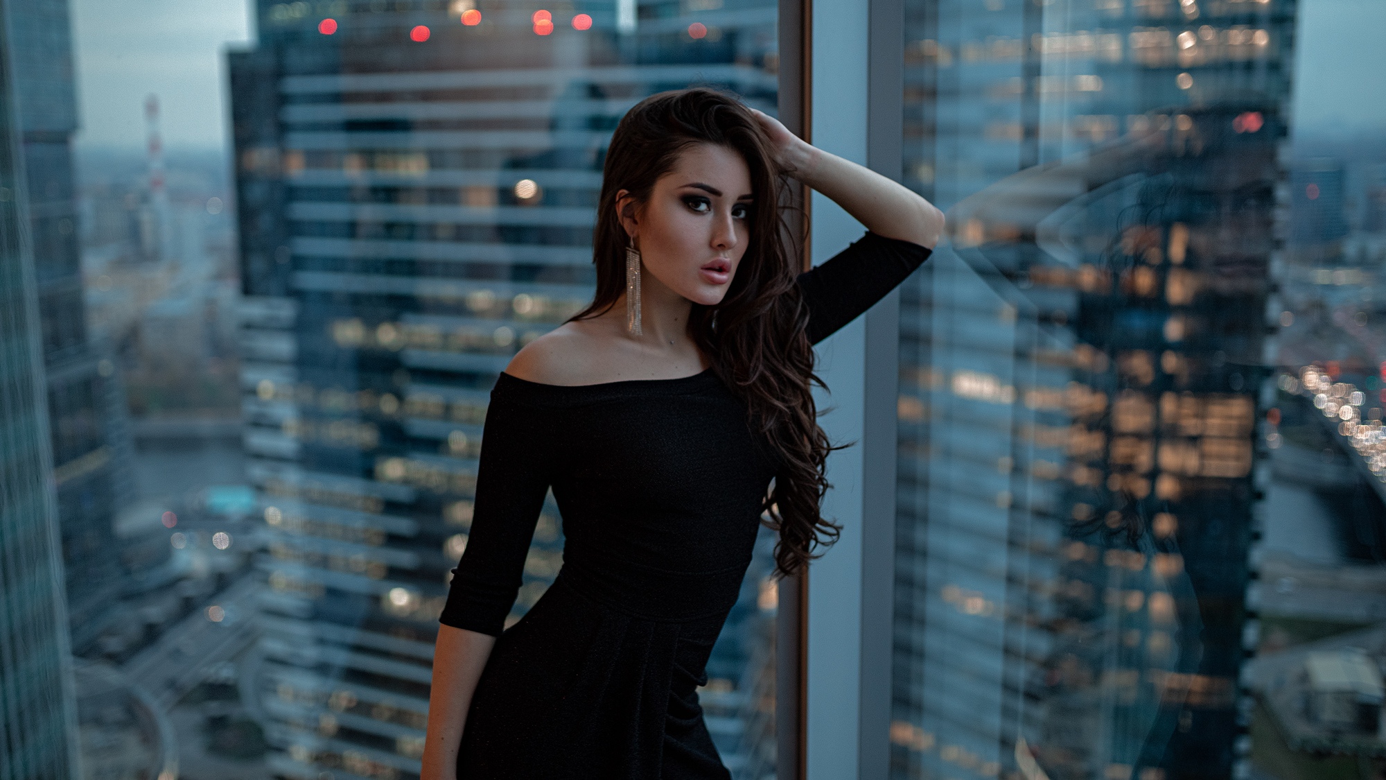 Women Model Brunette Long Hair Looking At Viewer Open Mouth Earring Bare Shoulders Dress Black Dress 2000x1125