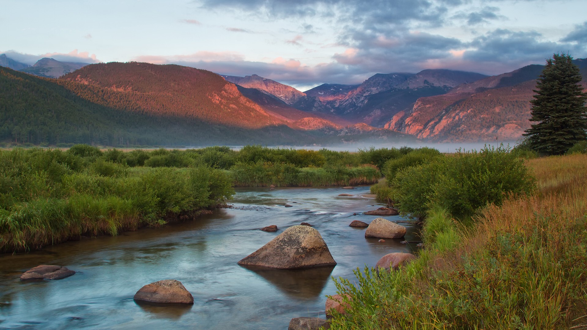 Nature Landscape Mountains Rocks River Plants Clouds Sky Forest Mist Sunrise Rocky Mountain National 1920x1080