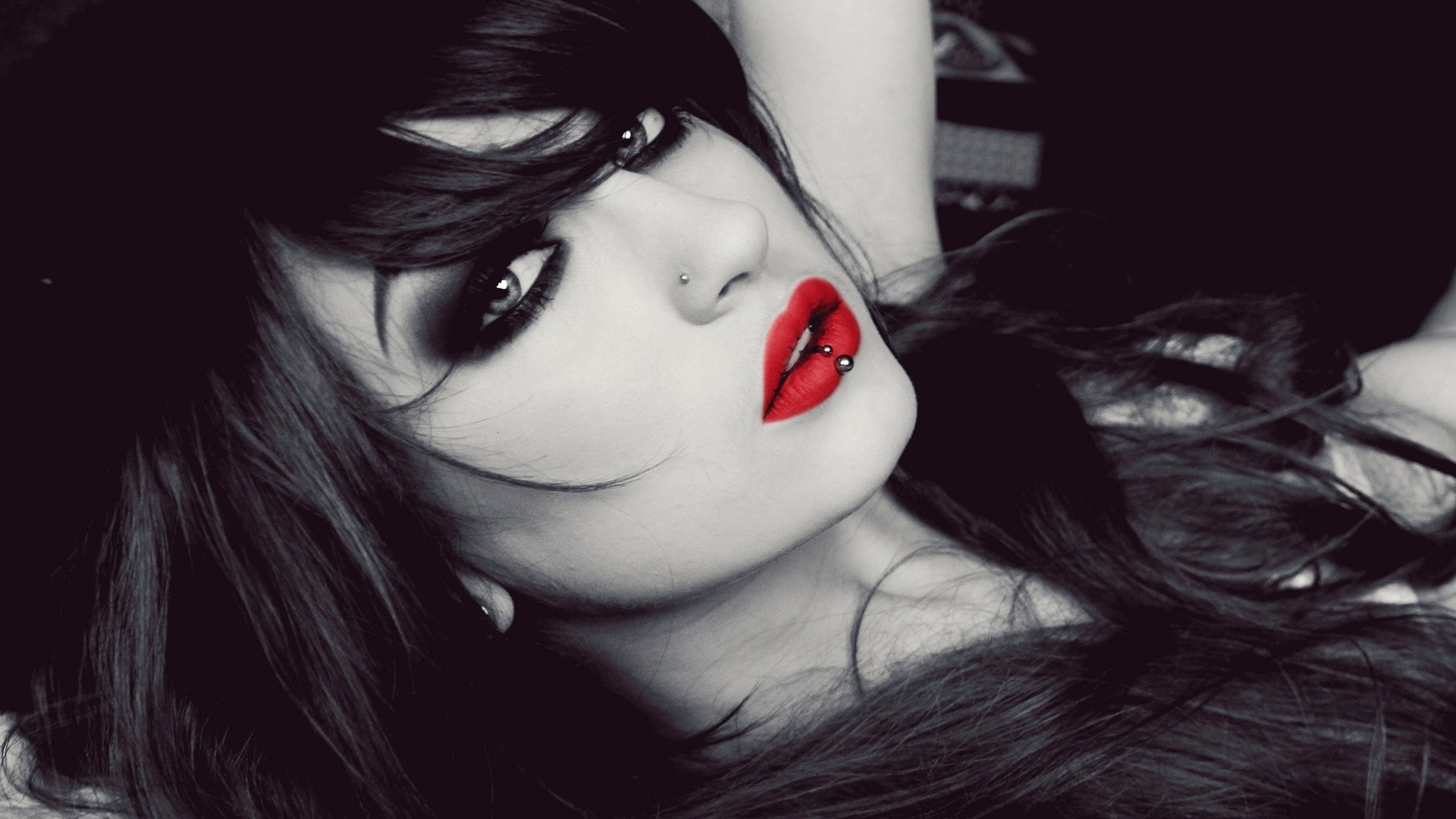 Women Face Lips Lipstick Niky Von Macabre Selective Coloring Red Lipstick Pierced Lips Model Lolina  1920x1080