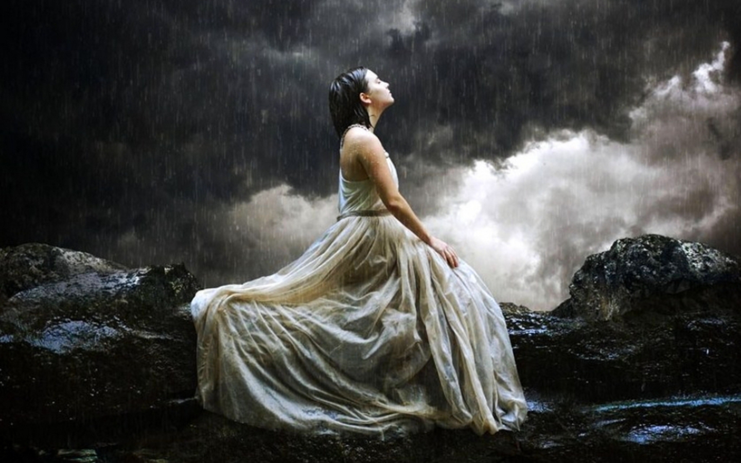 Woman Rain Alone Lonely Sky 1440x900