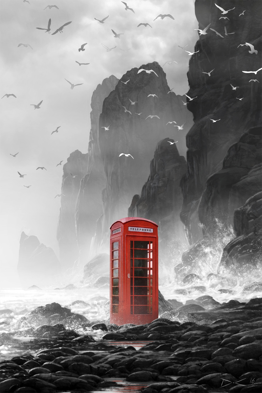 Phone Box Rocks Cliff Sea Water Birds 1000x1500