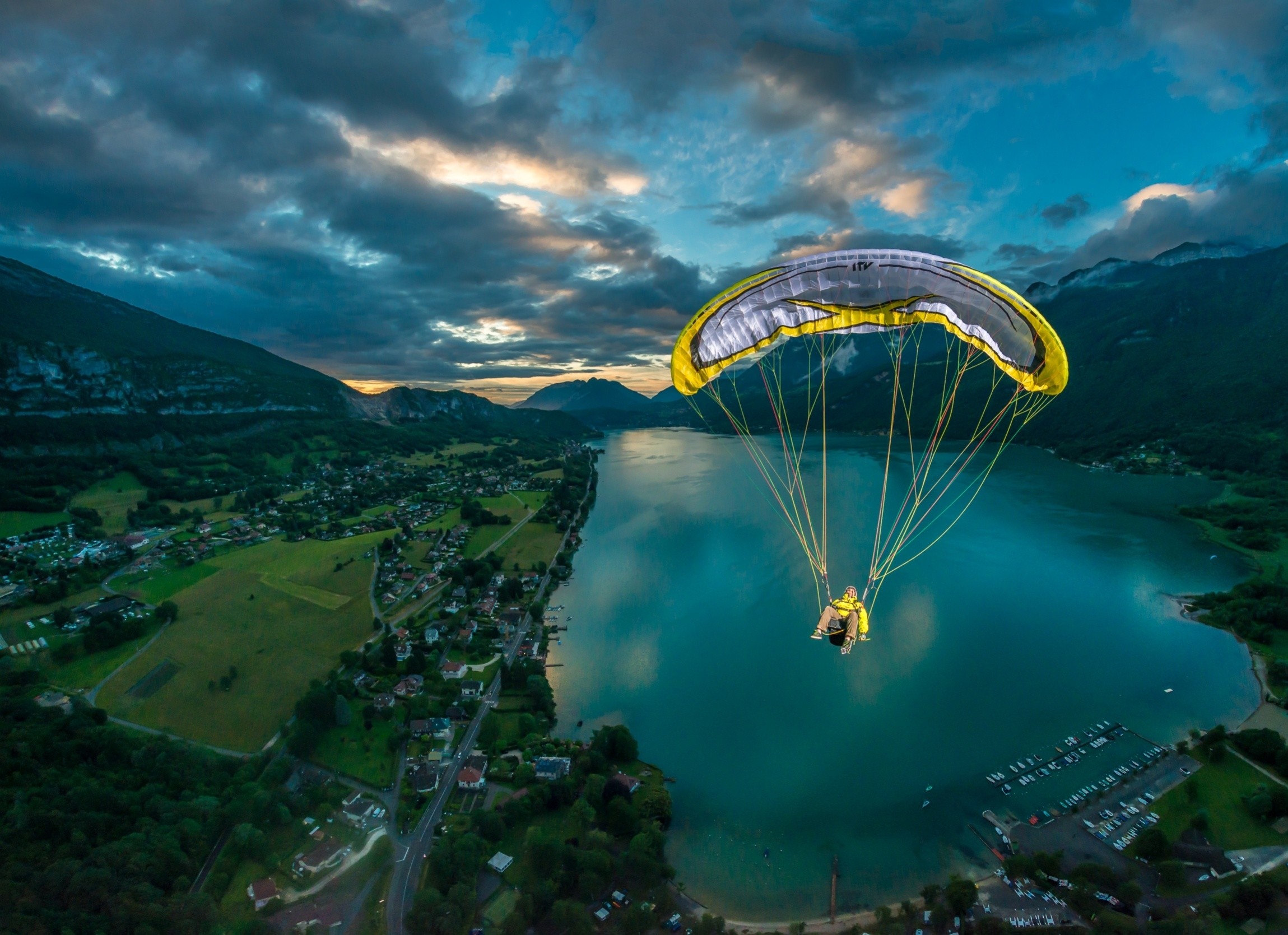 Nature Landscape Flying Paragliding Lake Mountains City Field Sunset Clouds France 2299x1669