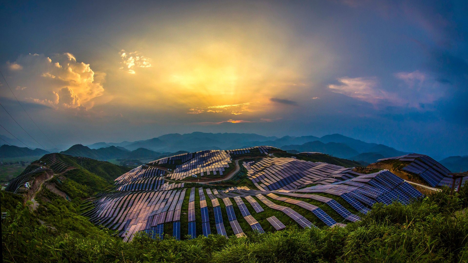 Nature Landscape Trees Forest China Solar Power Power Plant Panels Mountains Hills Sun Clouds Sun Ra 1919x1079