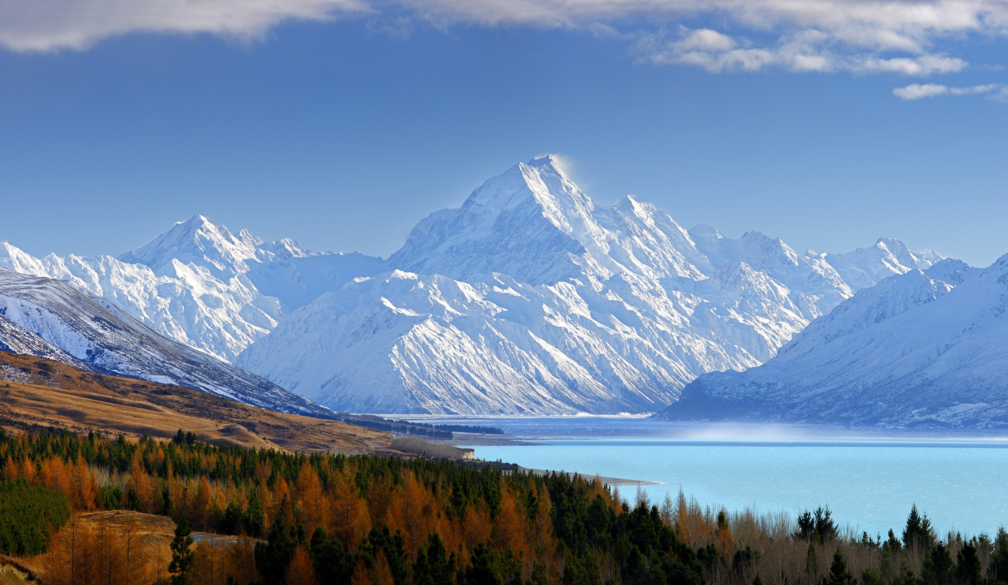 Lake Mountains Fall Snow Forest Snowy Mountain Mount Cook New Zealand Landscape 3445x2000