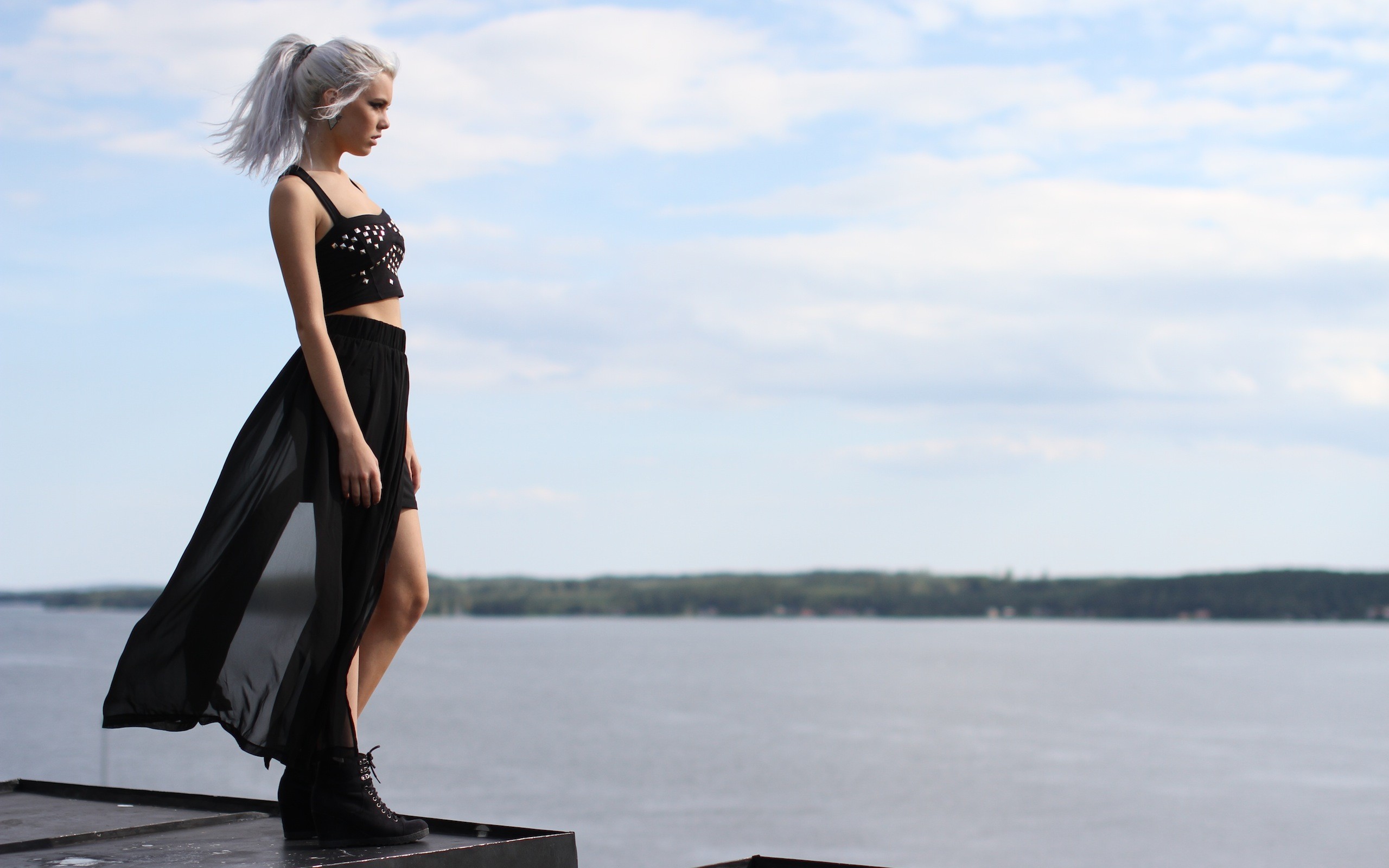 White Hair Black Dress Sea Miranda Hedman Platinum Blonde Women Outdoors Water Bustiers Women Model 2560x1600