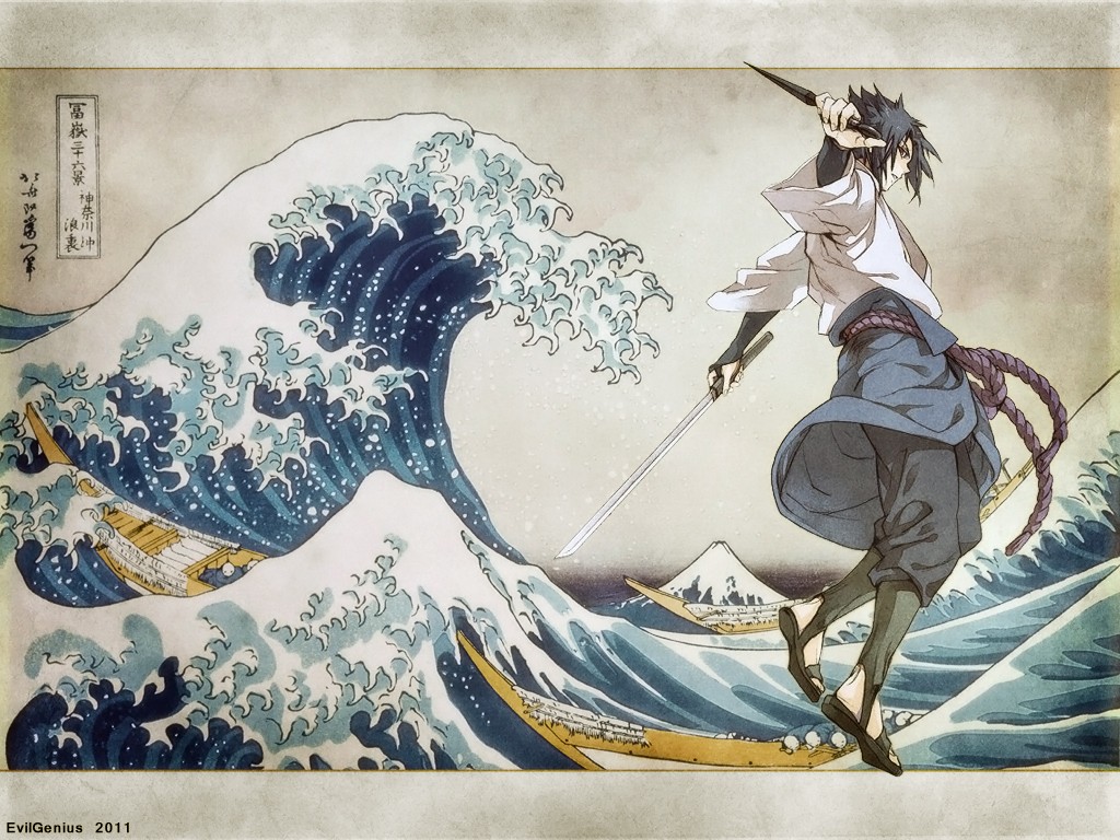 Uchiha Sasuke The Great Wave Off Kanagawa Anime Anime Boys Sword Waves 1024x768