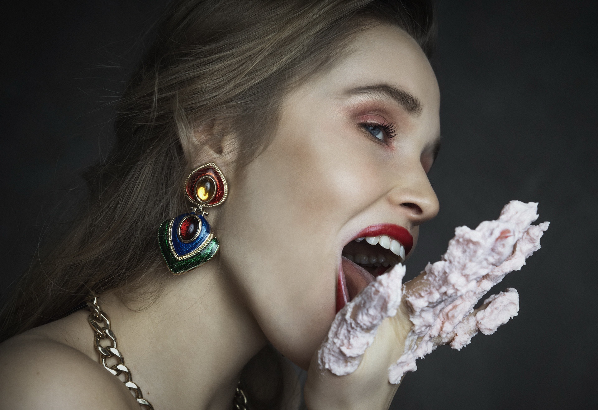 Tongue Out Face Food Makeup Women Simple Background Model Whipped Cream 1920x1318