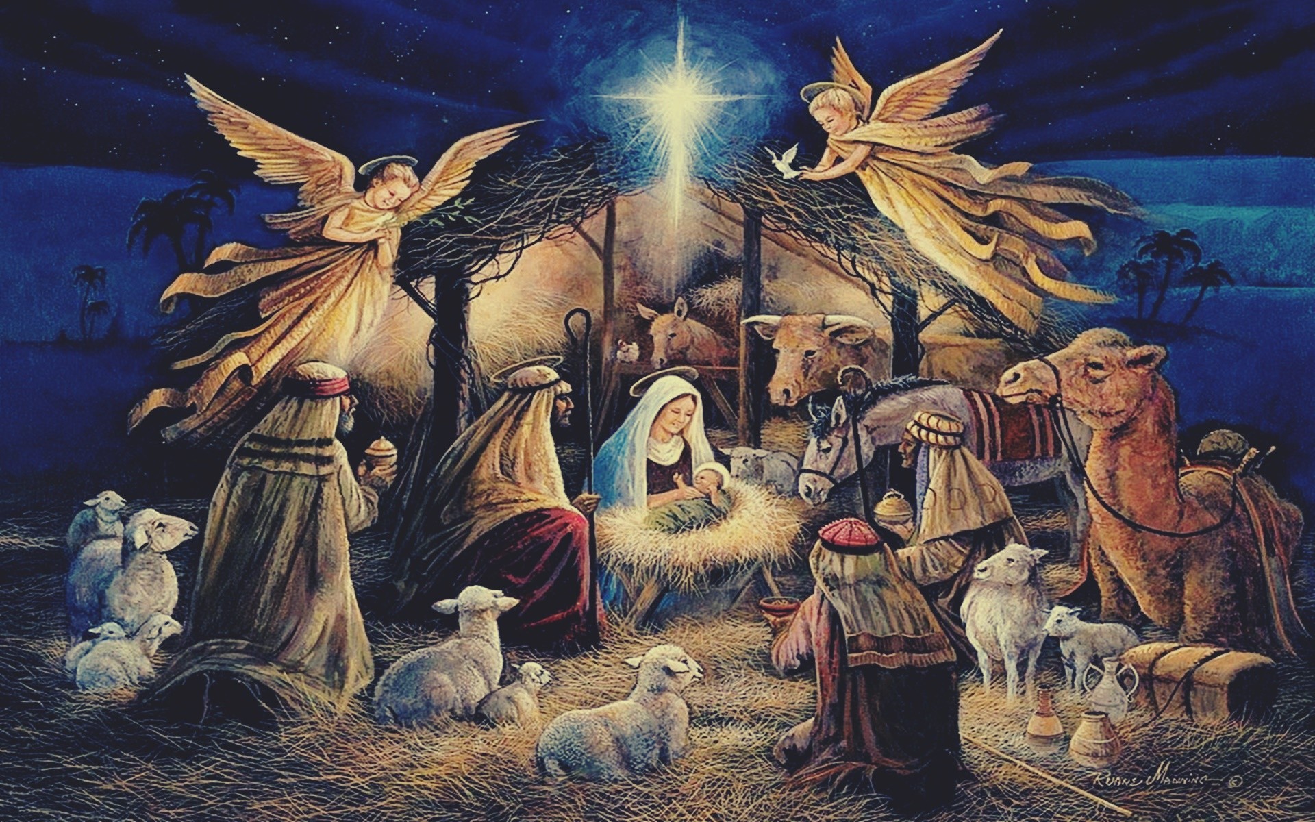 Jesus Christ Christmas Lights Angel Night Virgin Mary Religion Painting Christianity 1920x1200