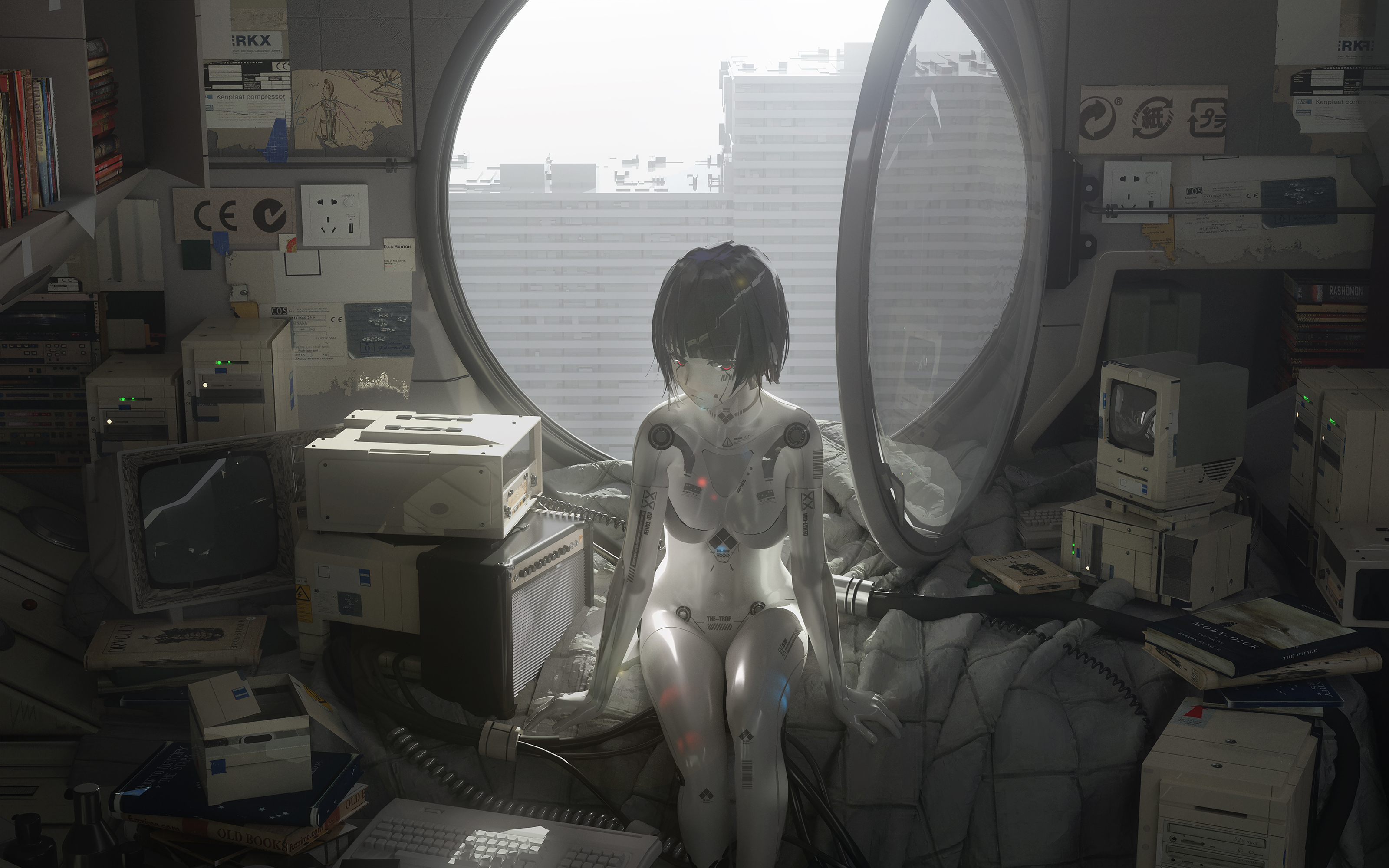 Anime Anime Girls Digital Art Artwork 2D Portrait Gynoid Robots Building Short Hair Black Hair Black 3200x2000