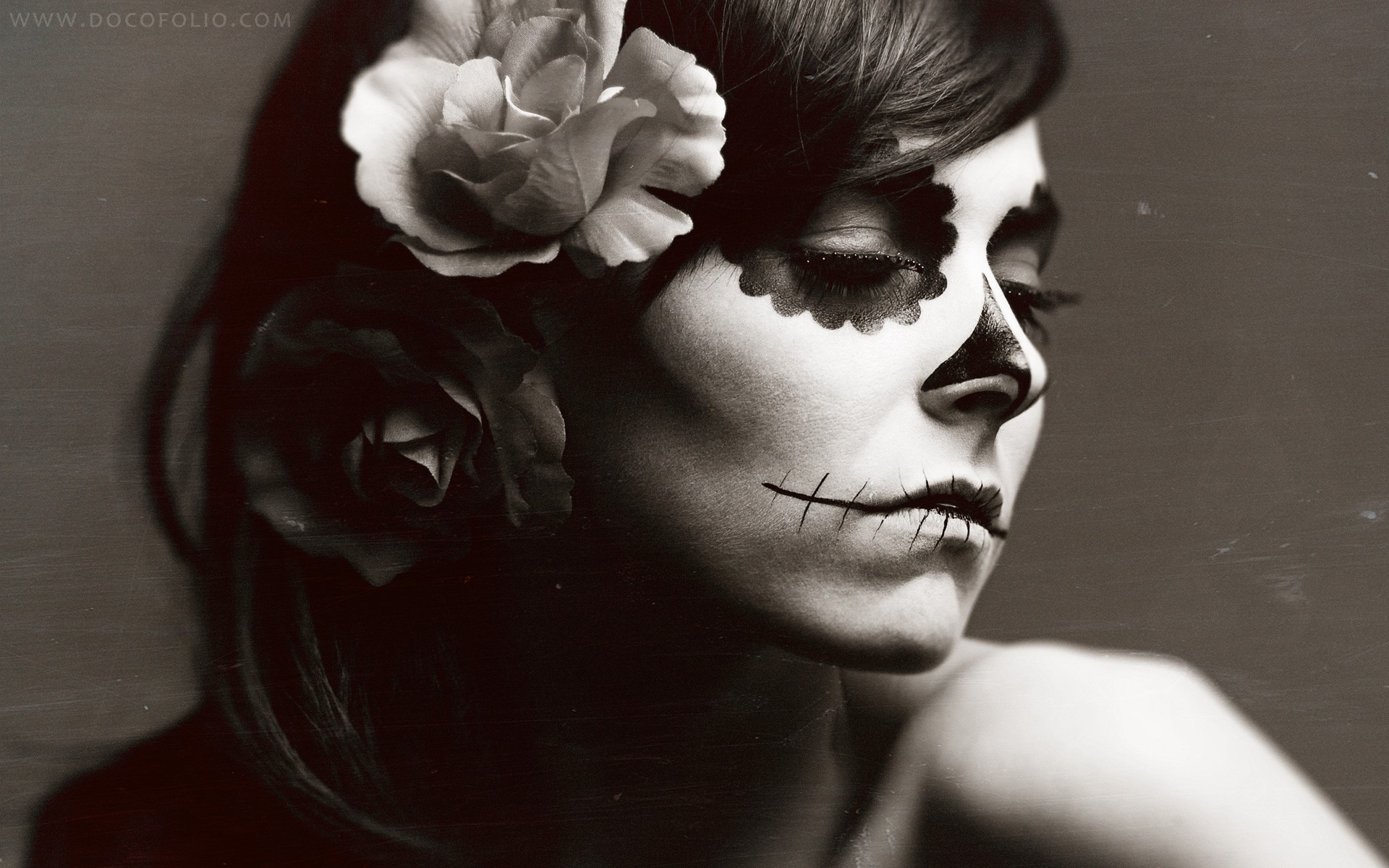 Watermarked Women Monochrome Face Paint Dia De Los Muertos Flower In Hair 1920x1200