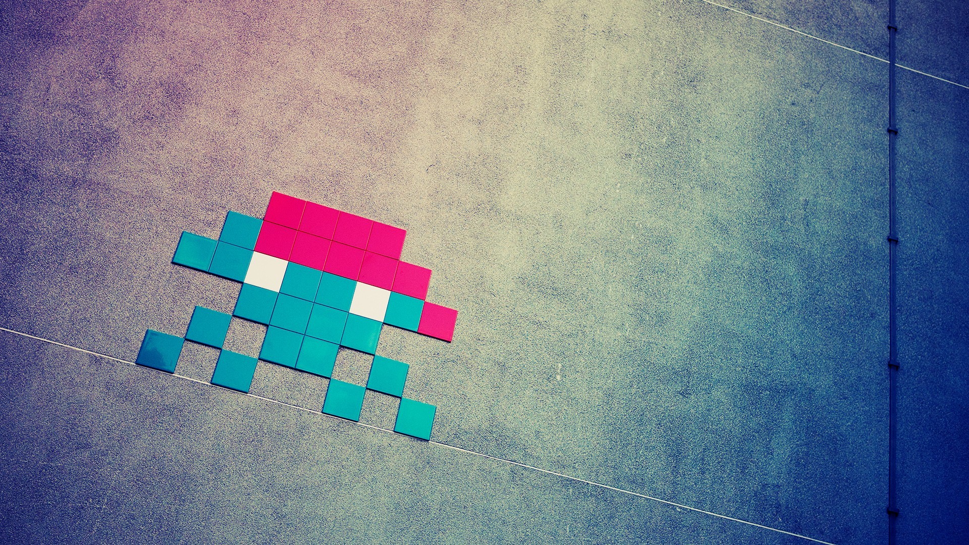 Space Invaders Square Fan Art Retro Games Cyan 1920x1080