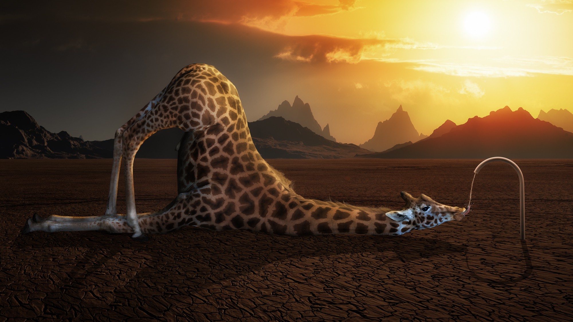 Animals Humor Digital Art Giraffes Drink Mountains Sunlight Tongues Faucets Brown 2000x1125