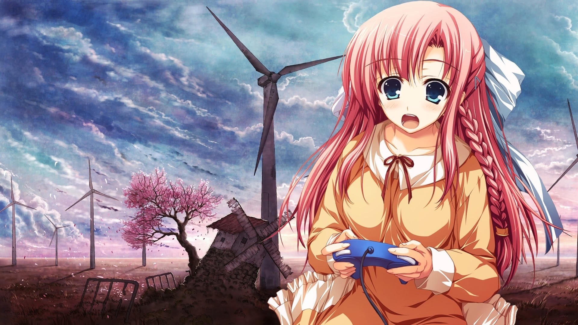 Anime Girls Pink Hair Braids Controllers Wind Turbine Windmill Cherry Blossom Anime Controller Open  1920x1080