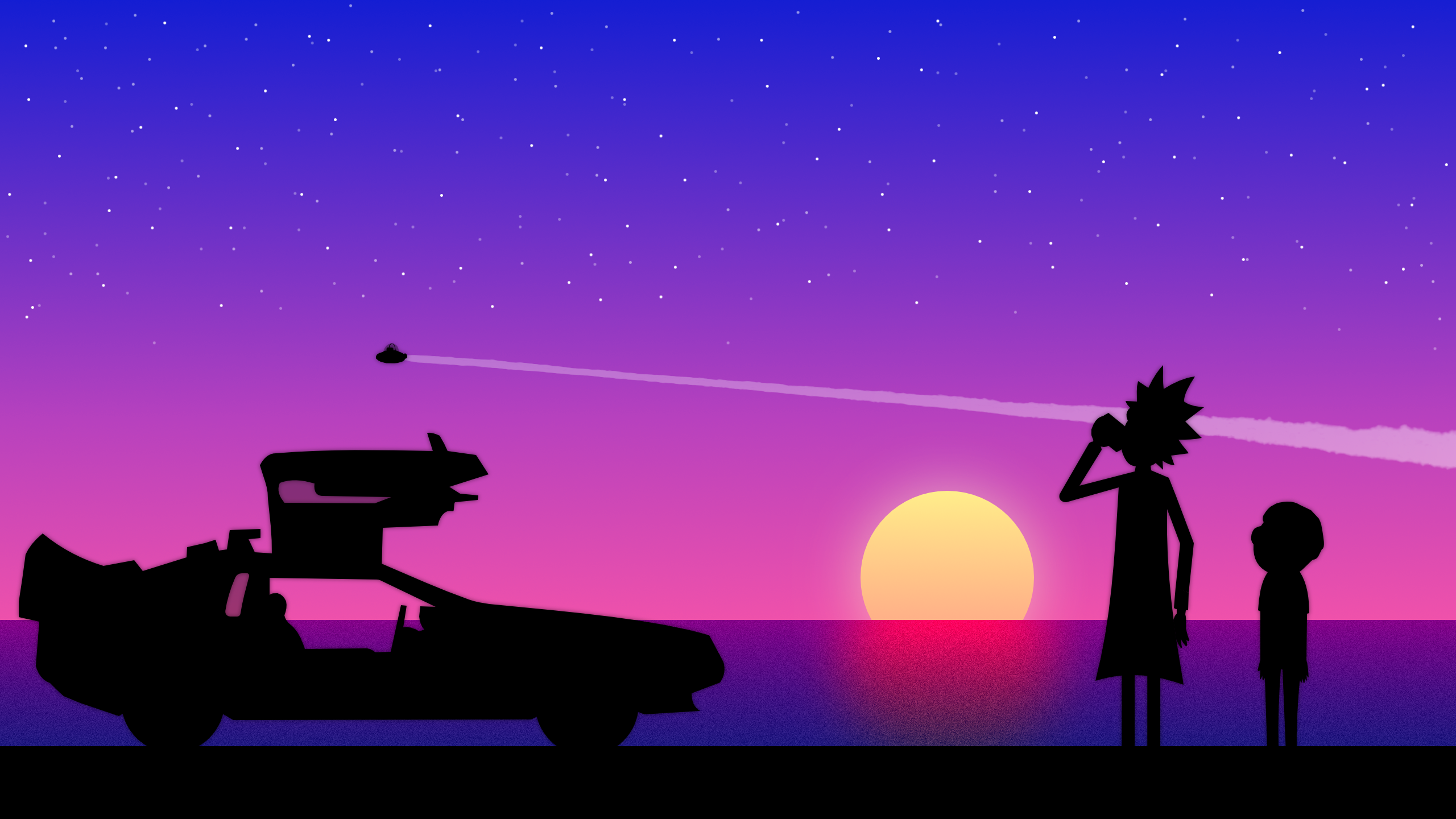 Caricature Rick And Morty Car DeLorean Time Machine Sunset Silhouette 2560x1440