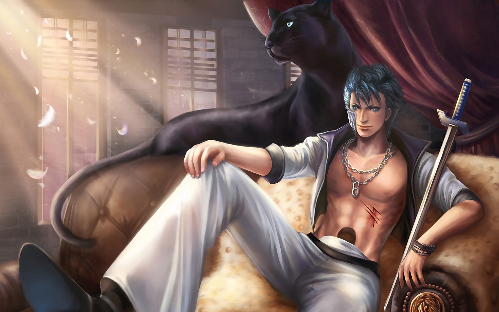 Grimmjow Jaegerjaquez Bleach Panthers Sword Couch Feathers Wounds Teal Hair Anime 1680x1050
