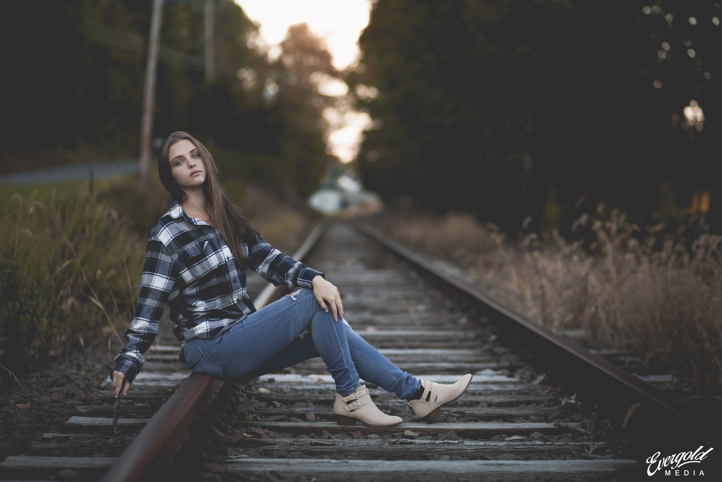 Women Model Shirt Torn Jeans Booties Railway Sitting Looking At Viewer Blue Eyes Plaid Shirt Women O 2500x1667