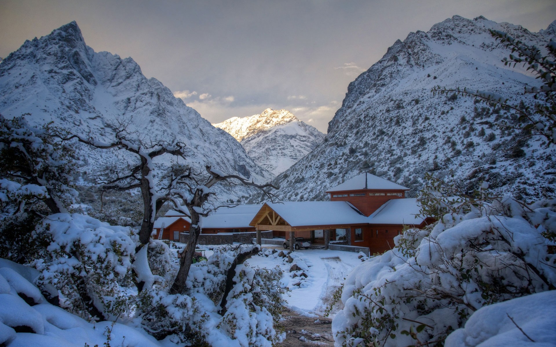 Hotel Mountains Winter Chile Snow Nature Trees Sunset Landscape Cold Andes 1920x1200