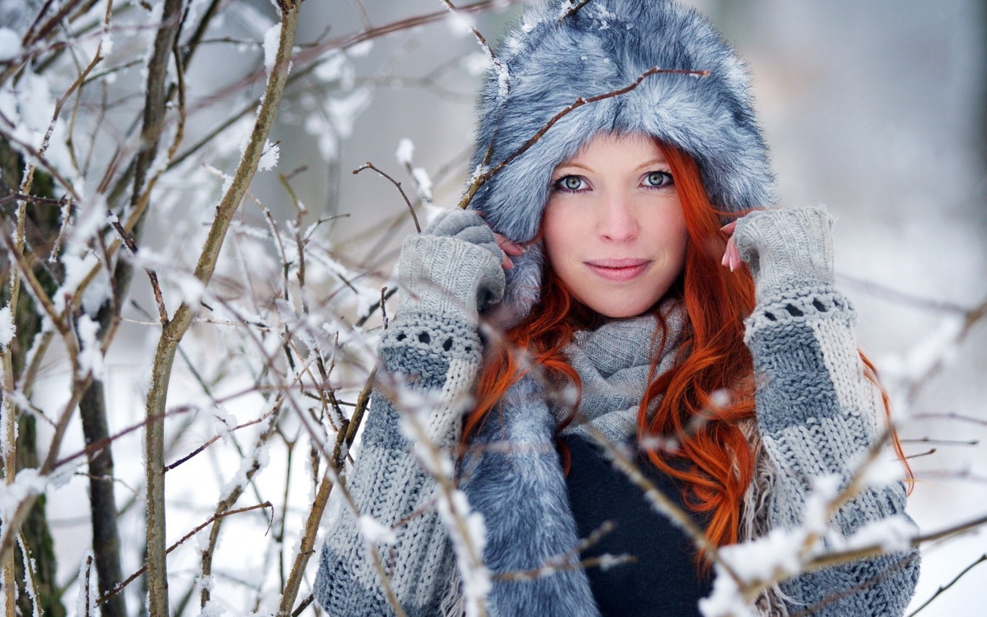 Women Redhead Long Hair Wavy Hair Model Smiling Women Outdoors Trees Sweater Blue Eyes Winter Snow H 1920x1200