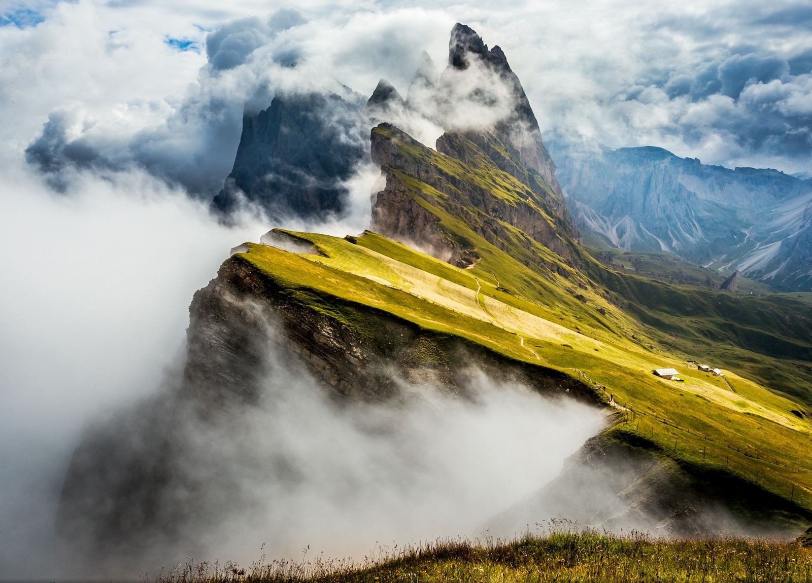 Nature Photography Landscape Mountains Clouds Grass Cabin Summit Alps Seiser Alm 1600x1150