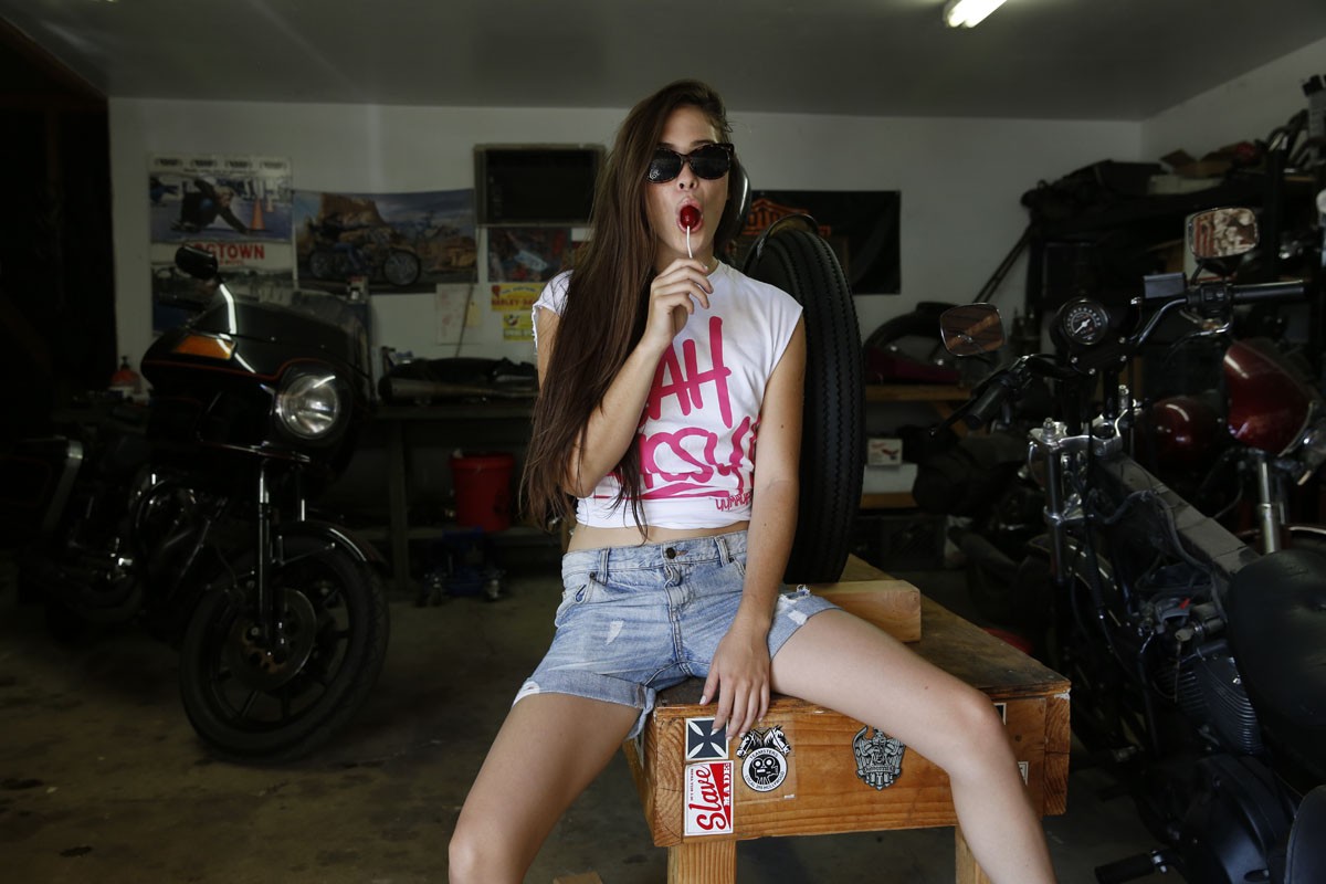 Women Brunette Lollipop Motorcycle White Tops Sunglasses Garages 1200x800