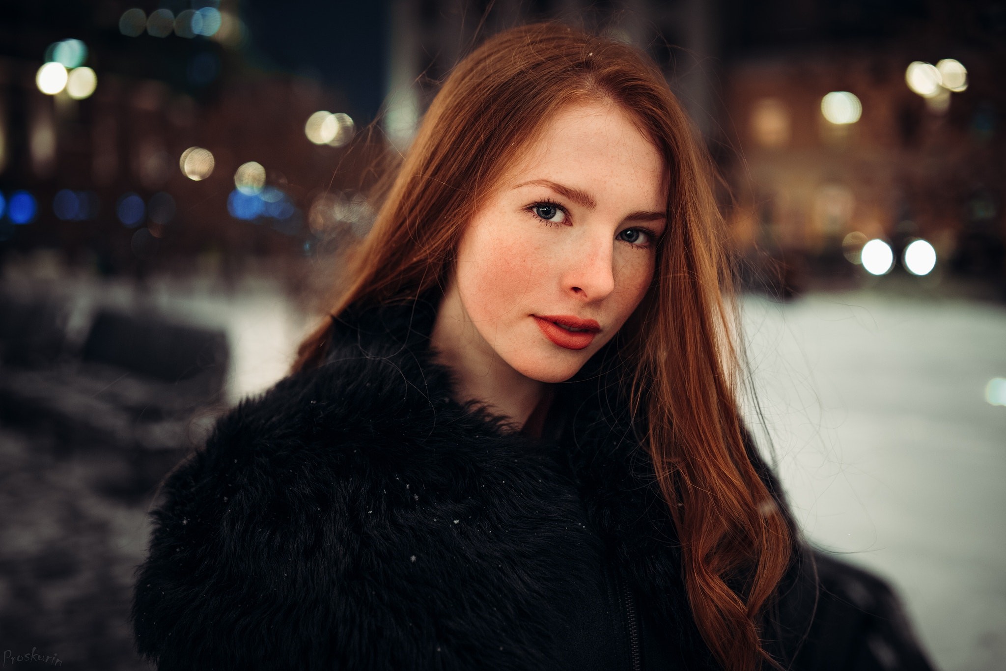 Ivan Proskurin Women Model Long Hair Redhead Looking At Viewer Depth Of Field Face Portrait Fur Coat 2048x1366
