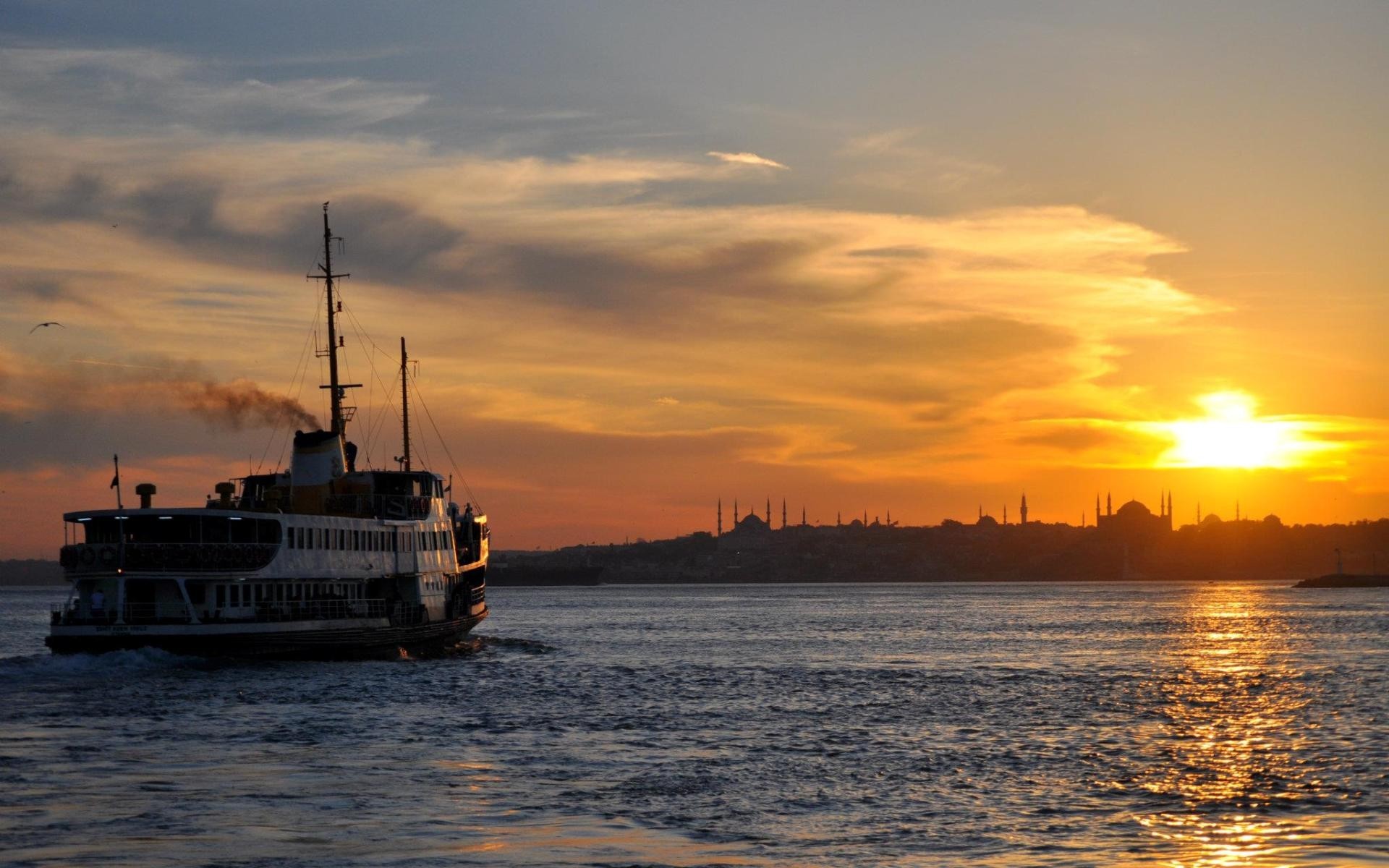 Bosphorus Ship Istanbul Mosque Sunset Silhouette 1920x1200