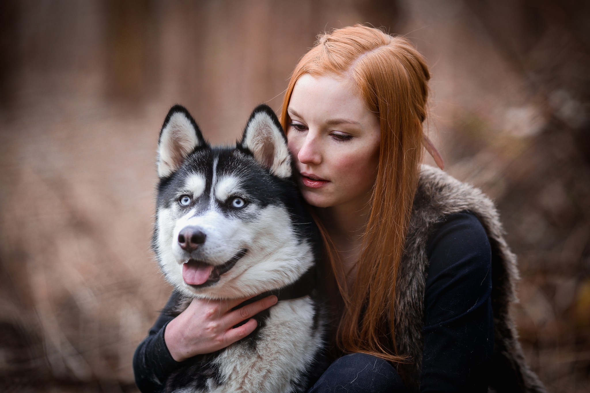 Women Redhead Face Dog Women With Dogs Siberian Husky 2048x1365