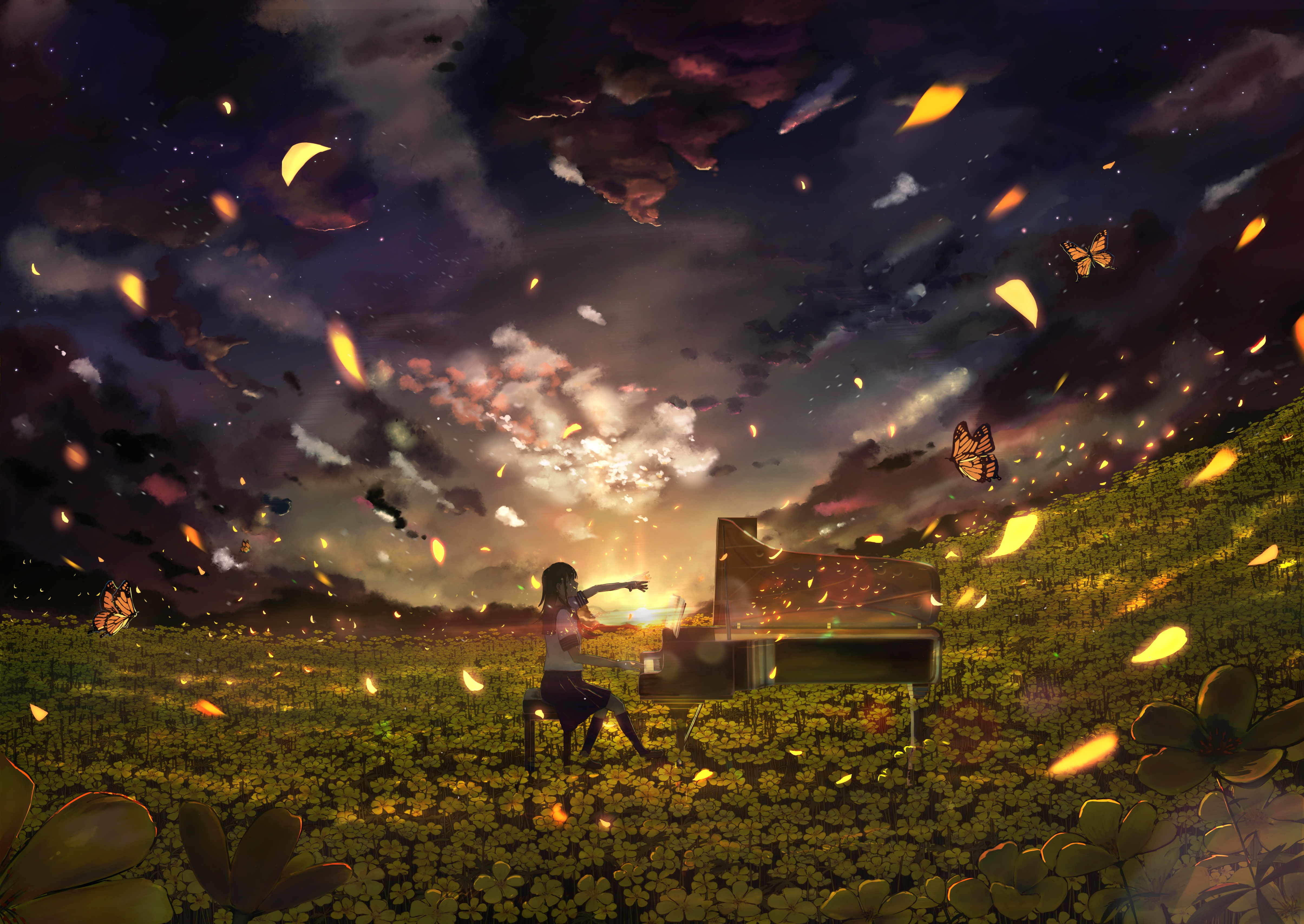 Anime Anime Sky Anime Girls Digital Digital Art Artwork Sky Skyscape Nature Flowers Yellow Flower Wo 4818x3415