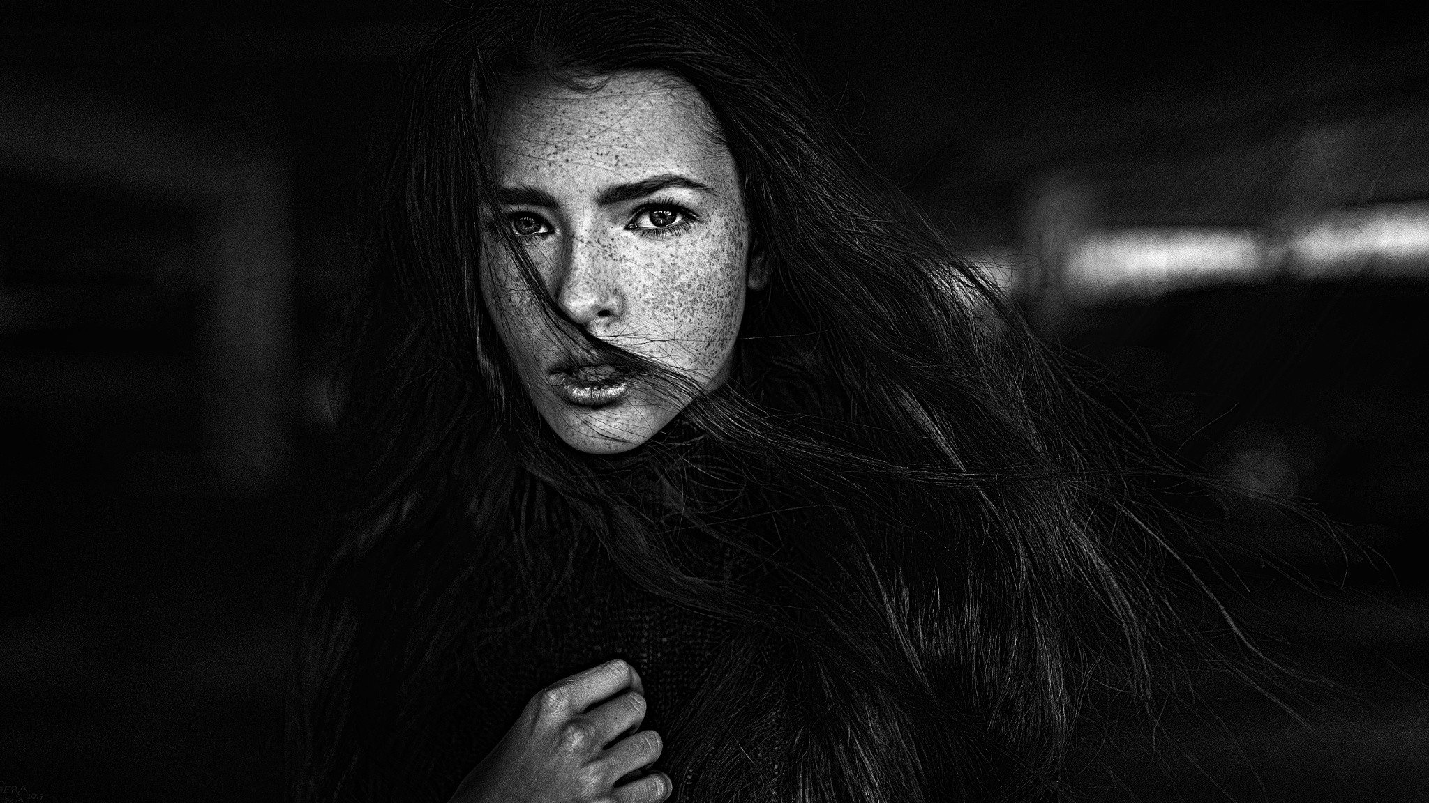 Women Monochrome Face Freckles Hair In Face Black Dark Long Hair Katya Voronina 2048x1152