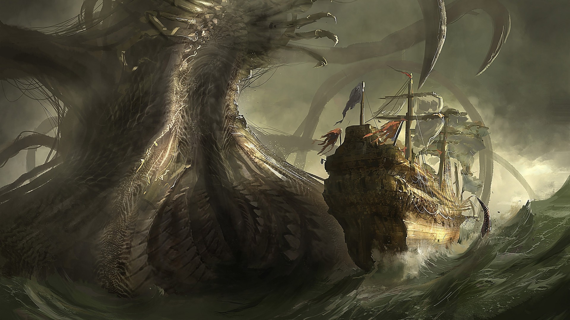 Fantasy Art Sea Monsters Ship Sea Creature 1920x1080