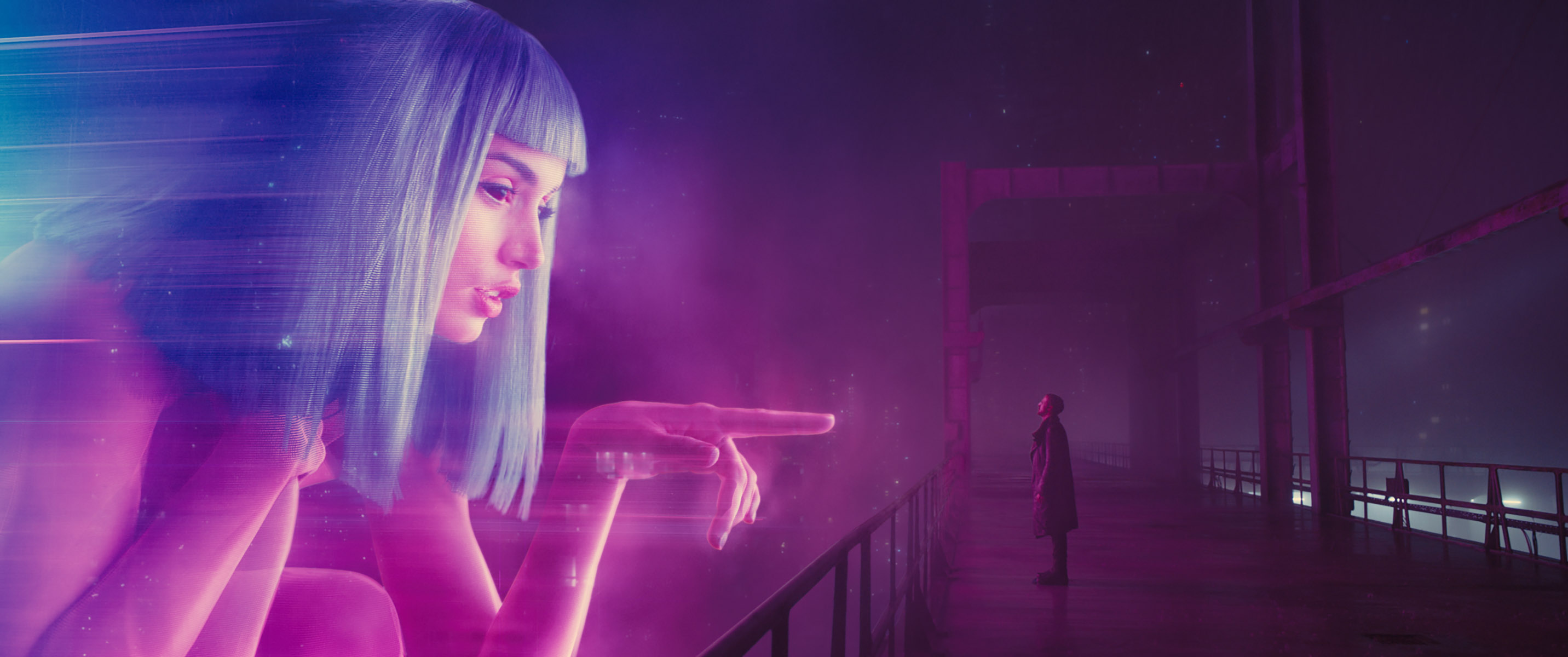 Blade Runner 2049 Officer K Hologram Bridge Blue Hair Finger Pointing Neon Glow Coats Futuristic Cyb 2864x1200