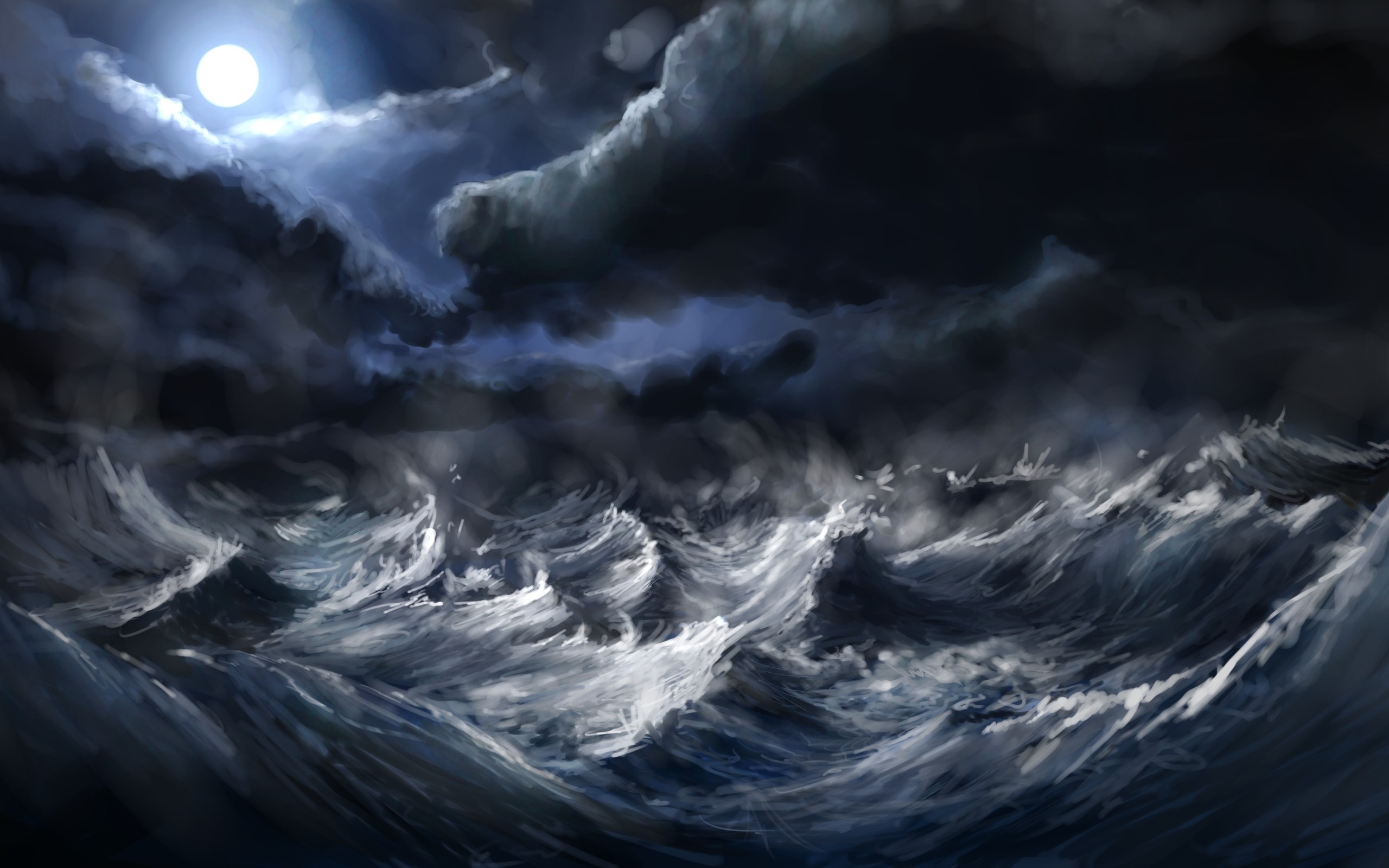 Digital Art Nature Landscape Clouds Sea Waves Storm Moon Moon Rays Painting Artwork Alex Linde Devia 2560x1600