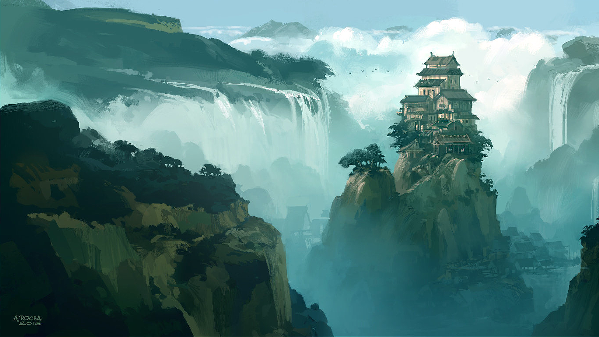 Andreas Rocha Artwork Digital Art Mountains Waterfall Clouds Castle Wood Trees City Landscape Nature 1920x1080