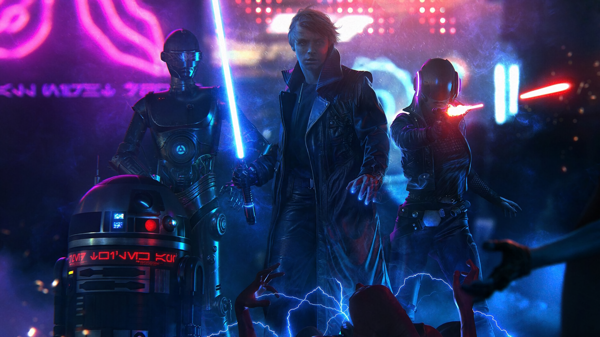 Star Wars Luke Skywalker Jedi R2 D2 Lightsaber Laser Pistol Laser Weapon Gun Neon Neon Glow 1920x1080