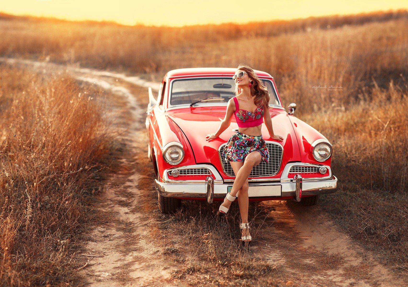 Women With Cars Women Irina Dzhul Brunette Women With Shades Crop Top Legs Crossed Women Outdoors Re 1703x1200