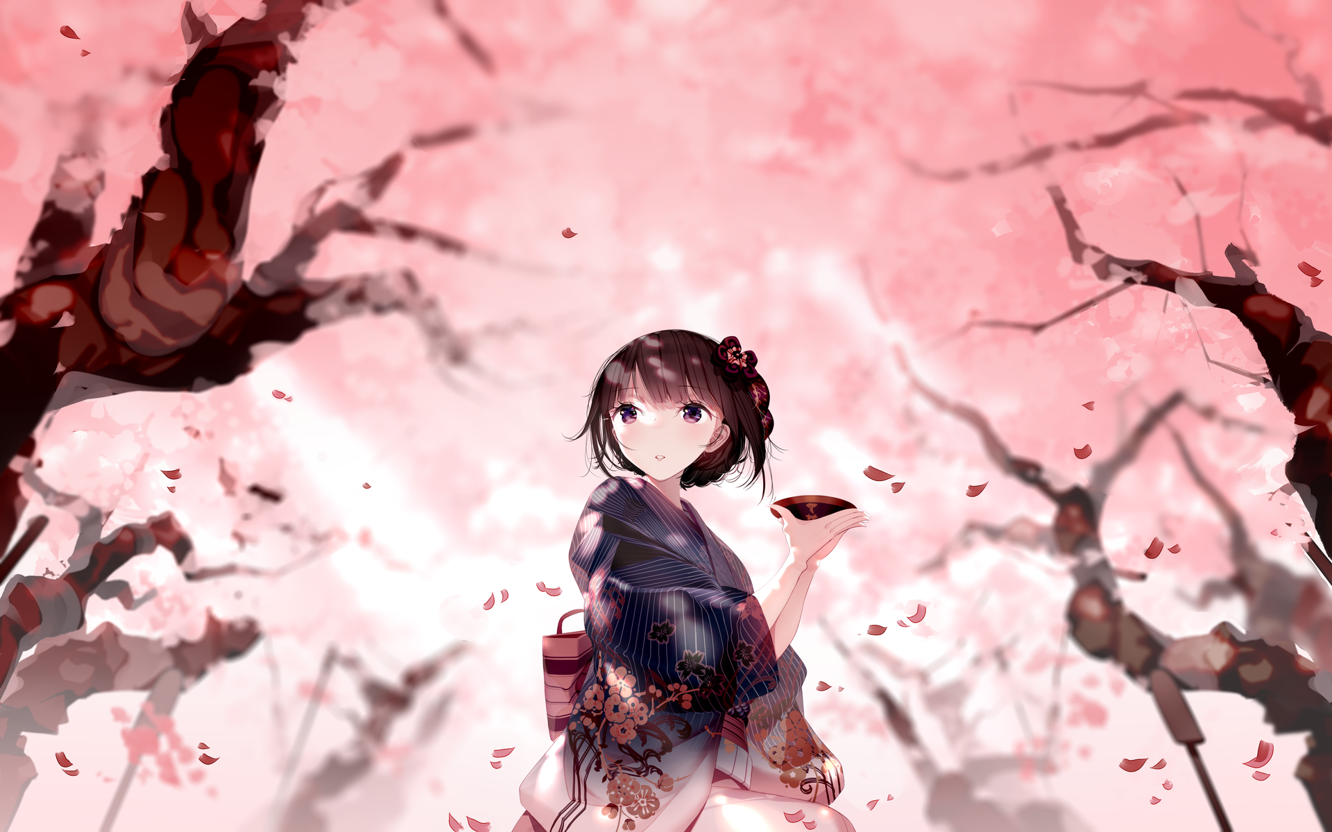 Anime Girls Original Characters Anime Brunette Bangs Looking Away Kimono Depth Of Field Cherry Bloss 1920x1200