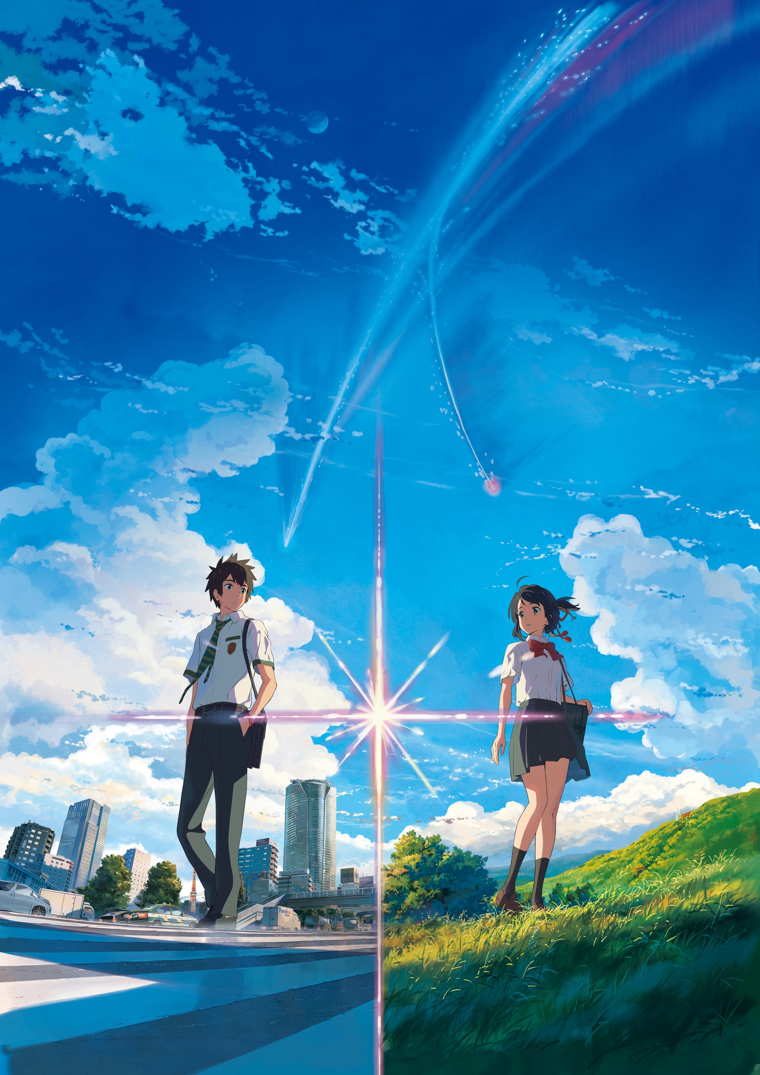 Anime Anime Girls Landscape Kimi No Na Wa Miyamizu Mitsuha Tachibana Taki Street Grass Skirt Knee Hi 2475x3500