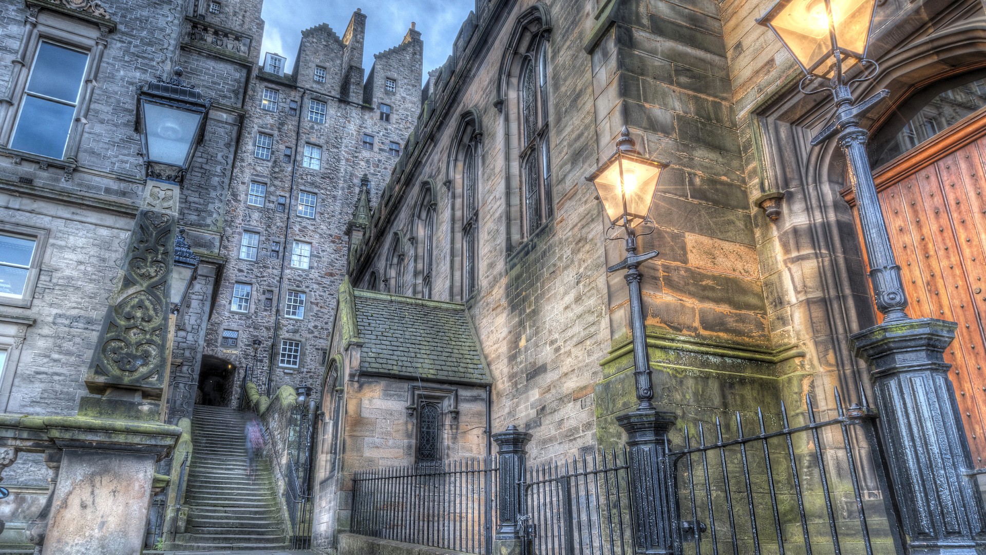 Architecture Building Old Building Edinburgh Scotland UK Street Stairs Lamp Evening HDR Ancient Hist 1920x1080